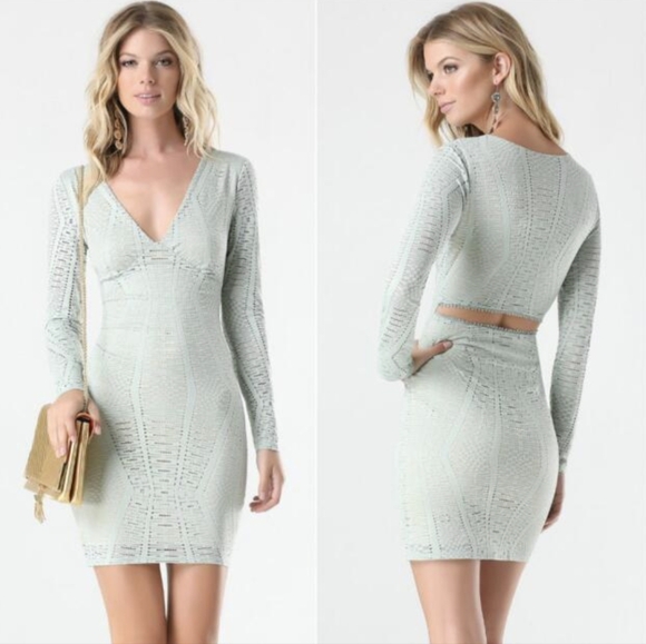 Bebe V Neck Open Back Long Sleeve Mini Dress Mint/Seafoam Green XS - Picture 1 of 13